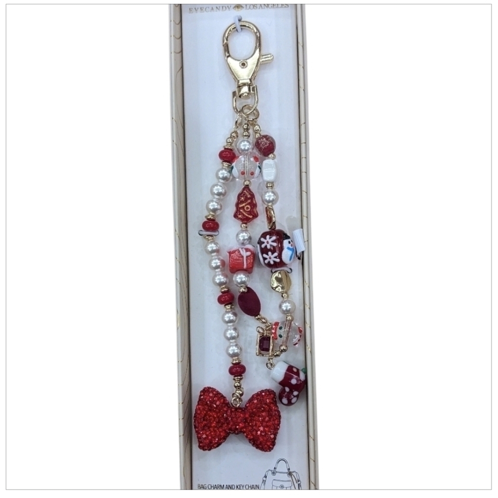 ❤️🔹️Eye Candy LA🔹️Red Holiday Bow Beaded Gold Charm Keychain